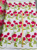 Rose Plant Lace Fabric  - Fuschia on White - Embroidered Full Flower Plant Design on Lace By Yard