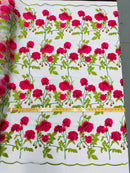 Rose Plant Lace Fabric  - Fuschia on White - Embroidered Full Flower Plant Design on Lace By Yard