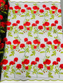 Rose Plant Lace Fabric - Red on Black - Embroidered Full Flower Plant Design on Lace By Yard