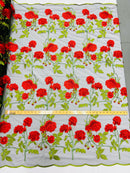 Rose Plant Lace Fabric - Red on Black - Embroidered Full Flower Plant Design on Lace By Yard