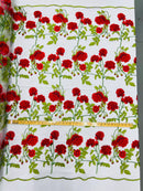 Rose Plant Lace Fabric  - Red on White - Embroidered Full Flower Plant Design on Lace By Yard