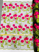 Rose Plant Lace Fabric  - Fuschia on Black - Emboidered Full Flower Plant Design on Lace By Yard