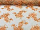 3D Small Flowers with Rhinestone - Peach - Embroidered Luxury Realistic Flowers On Lace Yard