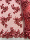 3D Small Flowers with Rhinestone - Coral - Embroidered Luxury Realistic Flowers On Lace Yard