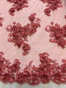 3D Small Flowers with Rhinestone - Coral - Embroidered Luxury Realistic Flowers On Lace Yard