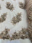 3D Floral Clusters - Light Brown Black Thread Embroidered Flowers Beads Rhinestones On Lace Yard