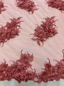 3D Floral Clusters - Coral - Embroidered Flowers Beads Rhinestones On Lace Yard
