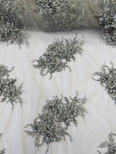 3D Floral Clusters - Silver - Black Thread Embroidered Flowers Beads Rhinestones On Lace Yard