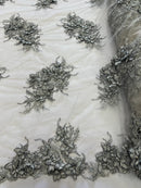 3D Floral Clusters - Silver - Black Thread Embroidered Flowers Beads Rhinestones On Lace Yard