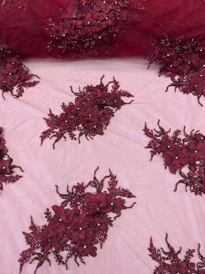 3D Floral Clusters - Burgundy - Embroidered Flowers Beads Rhinestones On Lace Yard