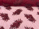 3D Floral Clusters - Burgundy - Embroidered Flowers Beads Rhinestones On Lace Yard