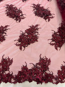 3D Floral Clusters - Burgundy - Embroidered Flowers Beads Rhinestones On Lace Yard