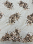 3D Floral Clusters - Dark Nude Black Thread Embroidered Flowers Beads Rhinestones On Lace Yard