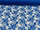 Small Flower Plant Fabric - Royal Blue - Floral Embroidered Design on Lace Mesh By Yard