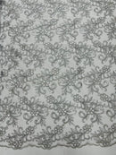 Small Flower Plant Fabric - Silver - Floral Embroidered Design on Lace Mesh By Yard