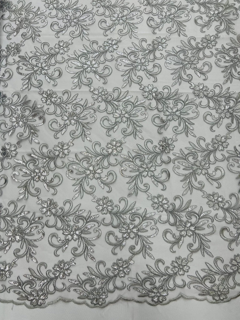 Small Flower Plant Fabric - Silver - Floral Embroidered Design on Lace Mesh By Yard