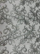 Small Flower Plant Fabric - Silver - Floral Embroidered Design on Lace Mesh By Yard