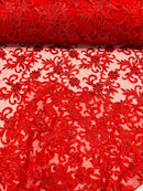 Small Flower Plant Fabric - Red - Floral Embroidered Design on Lace Mesh By Yard