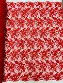 Small Flower Plant Fabric - Red - Floral Embroidered Design on Lace Mesh By Yard