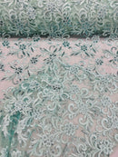 Small Flower Plant Fabric - Mint - Floral Embroidered Design on Lace Mesh By Yard