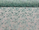 Small Flower Plant Fabric - Mint - Floral Embroidered Design on Lace Mesh By Yard