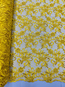 Small Flower Plant Fabric - Yellow - Floral Embroidered Design on Lace Mesh By Yard