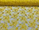 Small Flower Plant Fabric - Yellow - Floral Embroidered Design on Lace Mesh By Yard