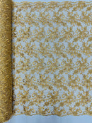 Small Flower Plant Fabric - Gold - Floral Embroidered Design on Lace Mesh By Yard