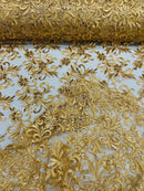 Small Flower Plant Fabric - Gold - Floral Embroidered Design on Lace Mesh By Yard