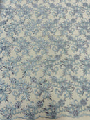 Small Flower Plant Fabric - Baby Blue - Floral Embroidered Design on Lace Mesh By Yard