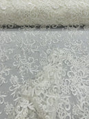 Small Flower Plant Fabric - Ivory - Floral Embroidered Design on Lace Mesh By Yard