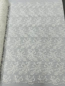 Small Flower Plant Fabric - Ivory - Floral Embroidered Design on Lace Mesh By Yard