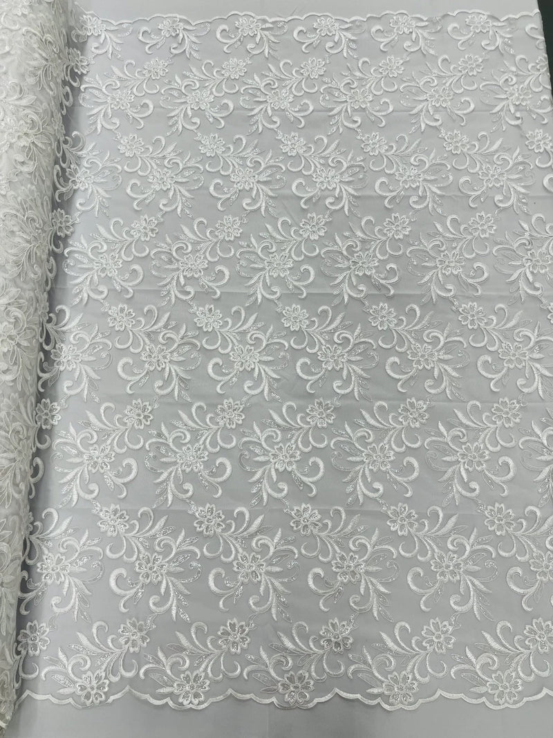 Small Flower Plant Fabric - White - Floral Embroidered Design on Lace Mesh By Yard
