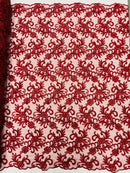 Small Flower Plant Fabric - Burgundy - Floral Embroidered Design on Lace Mesh By Yard