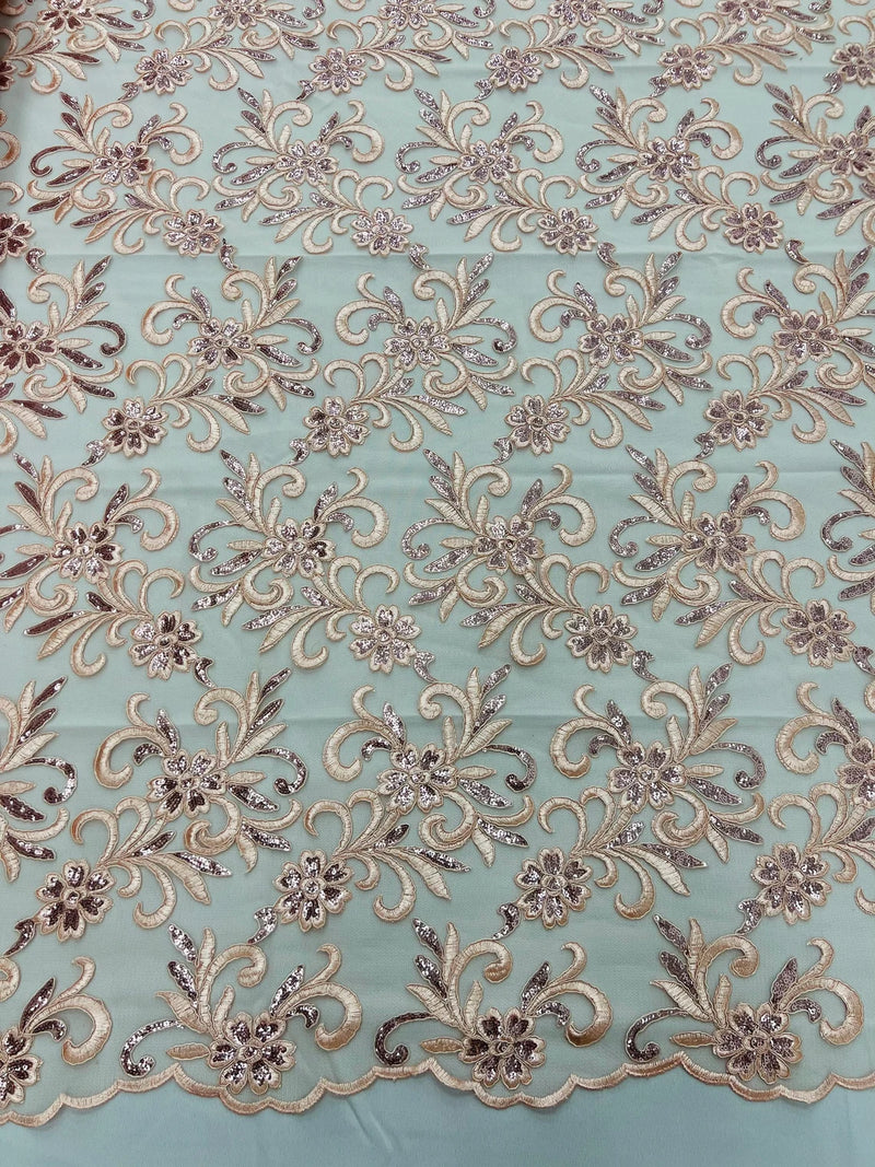 Small Flower Plant Fabric - Peach - Floral Embroidered Design on Lace Mesh By Yard