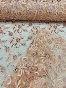 Small Flower Plant Fabric - Peach - Floral Embroidered Design on Lace Mesh By Yard