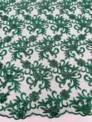 Small Flower Plant Fabric - Hunter Green - Floral Embroidered Design on Lace Mesh By Yard