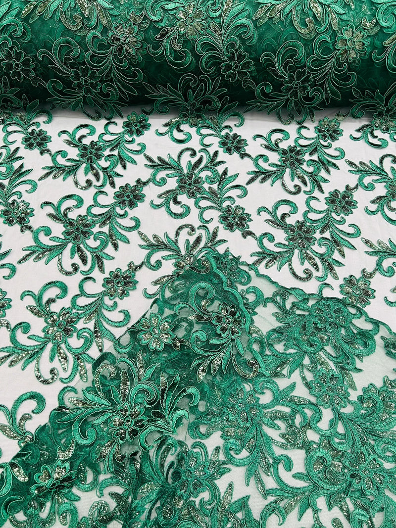 Small Flower Plant Fabric - Hunter Green - Floral Embroidered Design on Lace Mesh By Yard