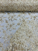 Small Flower Plant Fabric - Ivory/Gold - Floral Embroidered Design on Lace Mesh By Yard