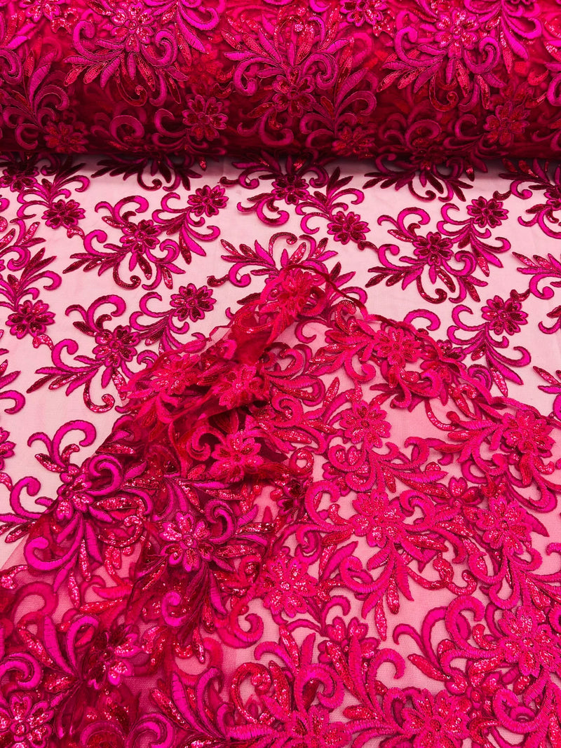 Small Flower Plant Fabric - Fuchsia - Floral Embroidered Design on Lace Mesh By Yard