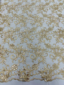 Small Flower Plant Fabric - Taupe - Floral Embroidered Design on Lace Mesh By Yard