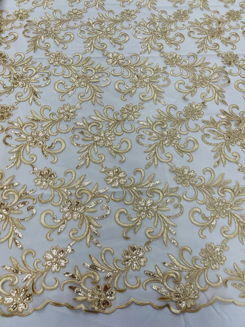 Small Flower Plant Fabric - Taupe - Floral Embroidered Design on Lace Mesh By Yard
