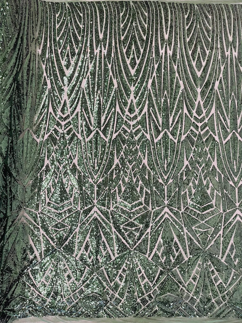 Sequins Fabric - Hunter Green - Geometric Pattern Design 4 Way Stretch Sold By Yard