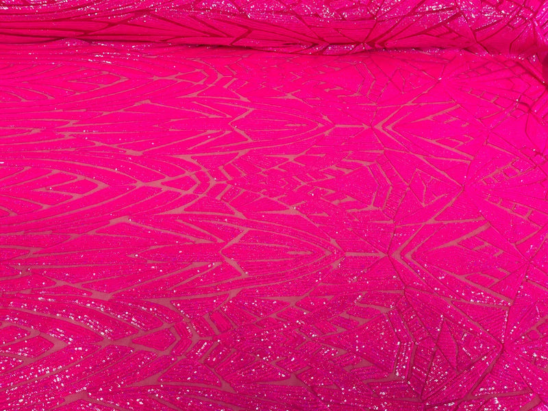 Sequins Fabric - Hot Pink - Geometric Pattern Design 4 Way Stretch Sold By Yard