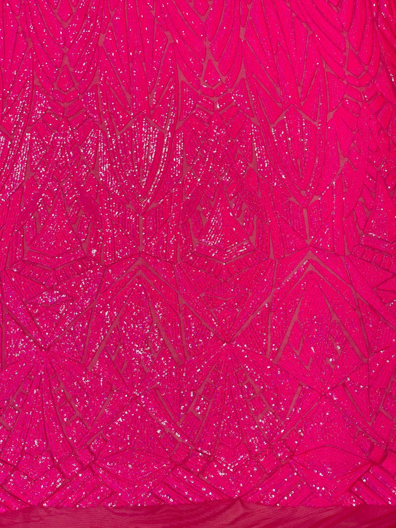 Sequins Fabric - Hot Pink - Geometric Pattern Design 4 Way Stretch Sold By Yard