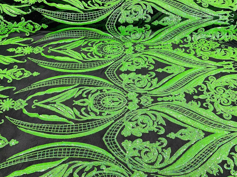 Damask Sequins - Holographic Neon Green Damask Sequin Design on 4 Way Stretch Fabric By Yard