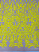 Damask Sequins - Yellow - Damask Sequin Design on 4 Way Stretch Fabric By Yard