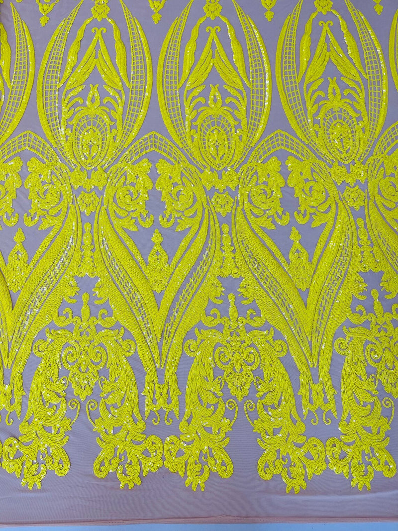 Damask Sequins - Yellow - Damask Sequin Design on 4 Way Stretch Fabric By Yard