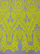 Damask Sequins - Yellow - Damask Sequin Design on 4 Way Stretch Fabric By Yard