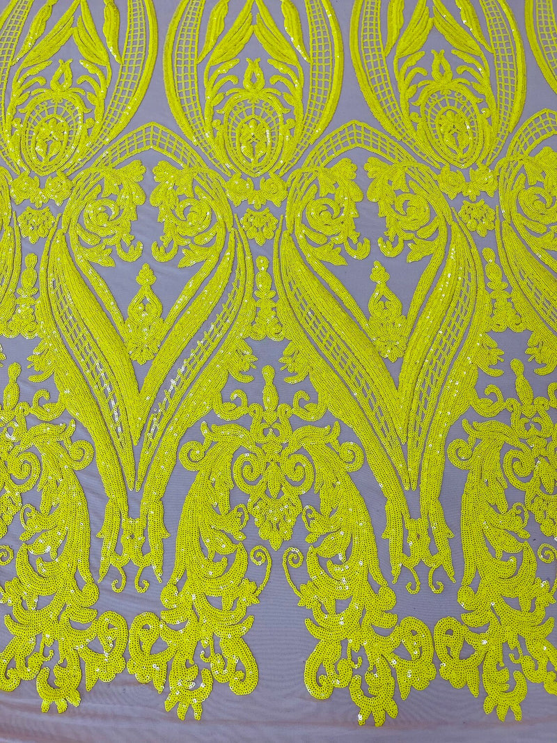 Damask Sequins - Yellow - Damask Sequin Design on 4 Way Stretch Fabric By Yard